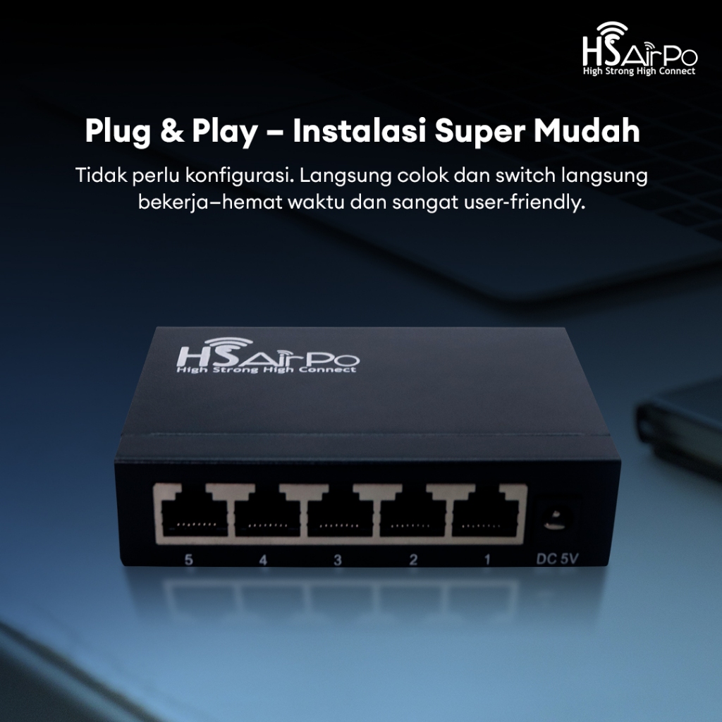 HSAIRPO SWITCH HS-SG105T ETHERNET 5 PORT GIGABIT 10/100/1000M RJ45 FAST LAN NETWORK HUB METAL SHELL MENDUKUNG DC 5V/1A & 12V/1A