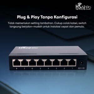 HSAIRPO SWITCH HS-SW108T ETHERNET 8 PORT 10/100M RJ45 FAST LAN NETWORK HUB METAL SHELL MENDUKUNG DC 5V/1A & 12V/1A
