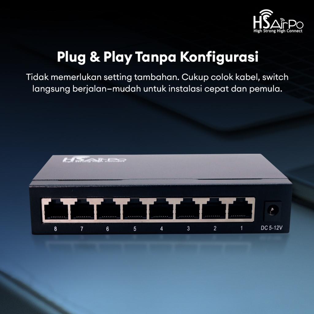 HSAIRPO SWITCH HS-SW108T ETHERNET 8 PORT 10/100M RJ45 FAST LAN NETWORK HUB METAL SHELL MENDUKUNG DC 5V/1A & 12V/1A