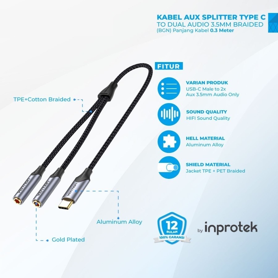 VENTION KABEL SPLITTER AUX TYPE C TO DUAL AUDIO 3.5MM BRAIDED - BGN