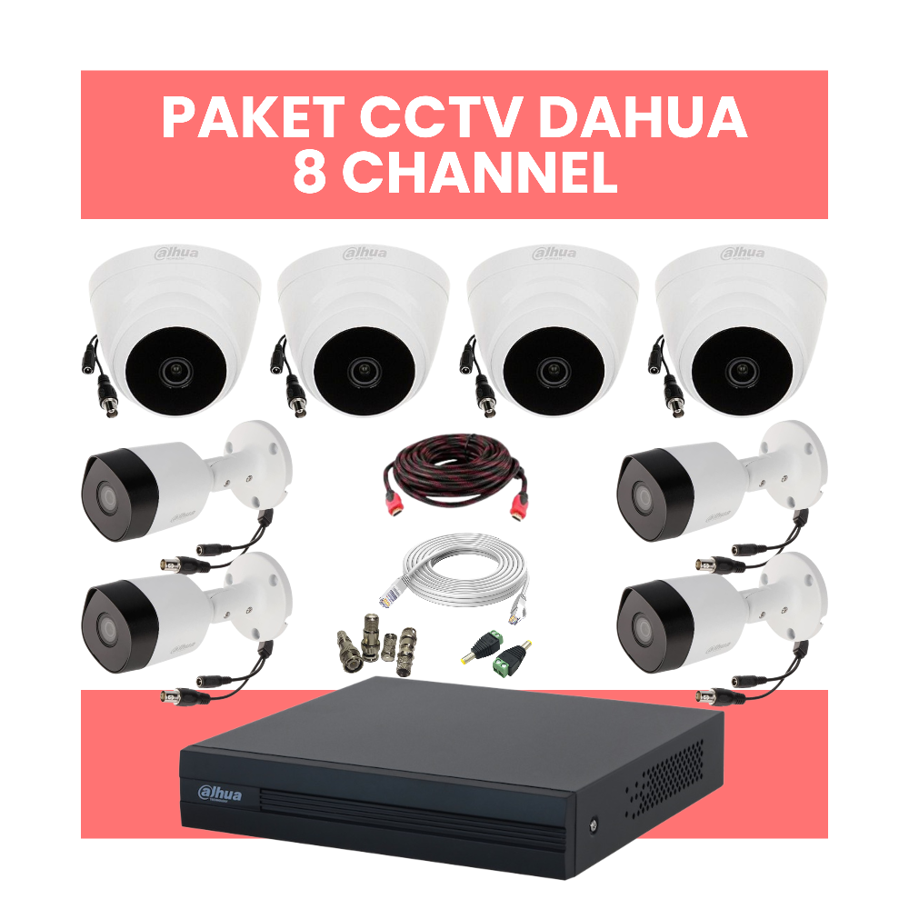 Paket CCTV DAHUA 8 Channel Lengkap DVR 8CH + Kamera 8 Unit + HDD 500GB | Bonus HDMI & LAN | Free Pemasangan
