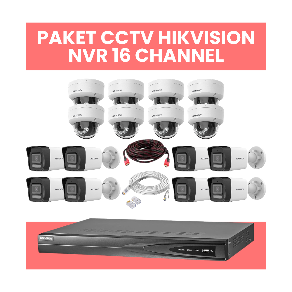 Paket CCTV IP Hikvision 16 Channel Non-PoE + Kamera Indoor & Outdoor + HDD 1TB + Switch PoE | Bonus HDMI | Free Pemasanganc