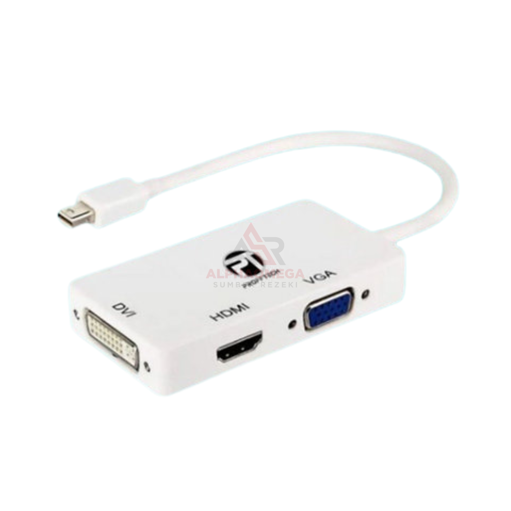 PROFFTECH CONVERTER CABLE MINI DP TO HDMI + VGA + DVI – Multi Display Adapter 3 in 1, Support 1080P, Stabil untuk PC, Laptop & Monitor