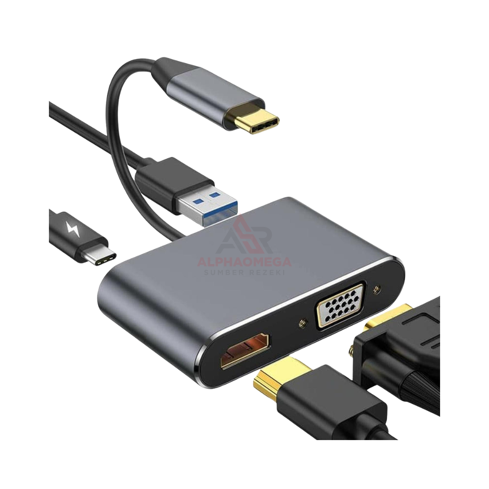PROFFTECH CONVERTER CABLE TYPE C HDMI & VGA & USB 3.0 & TYPE C – Multi Port Adapter 4 in 1, Support 4K, Full HD Stabil untuk Laptop, MacBook & Proyektor