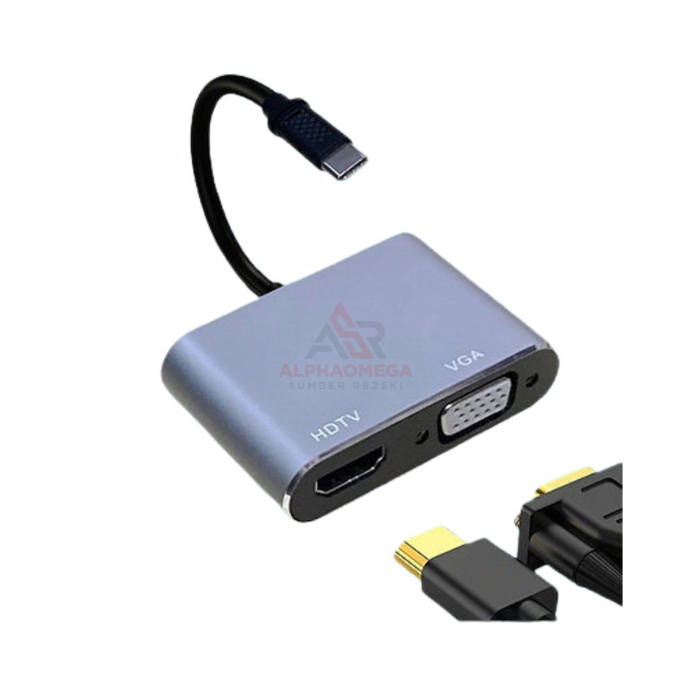 PROFFTECH CONVERTER CABLE TYPE C HDMI & VGA – Adapter USB-C Multi Output 2 in 1, Support Full HD untuk Monitor, TV & Proyektor