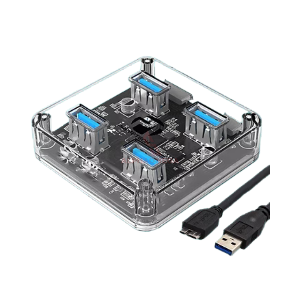 PROFFTECH USB HUB TRANSPARENT 4 PORT USB 3.0 KOTAK – Splitter USB High Speed Transparan untuk Laptop & PC, Transfer Cepat Stabil