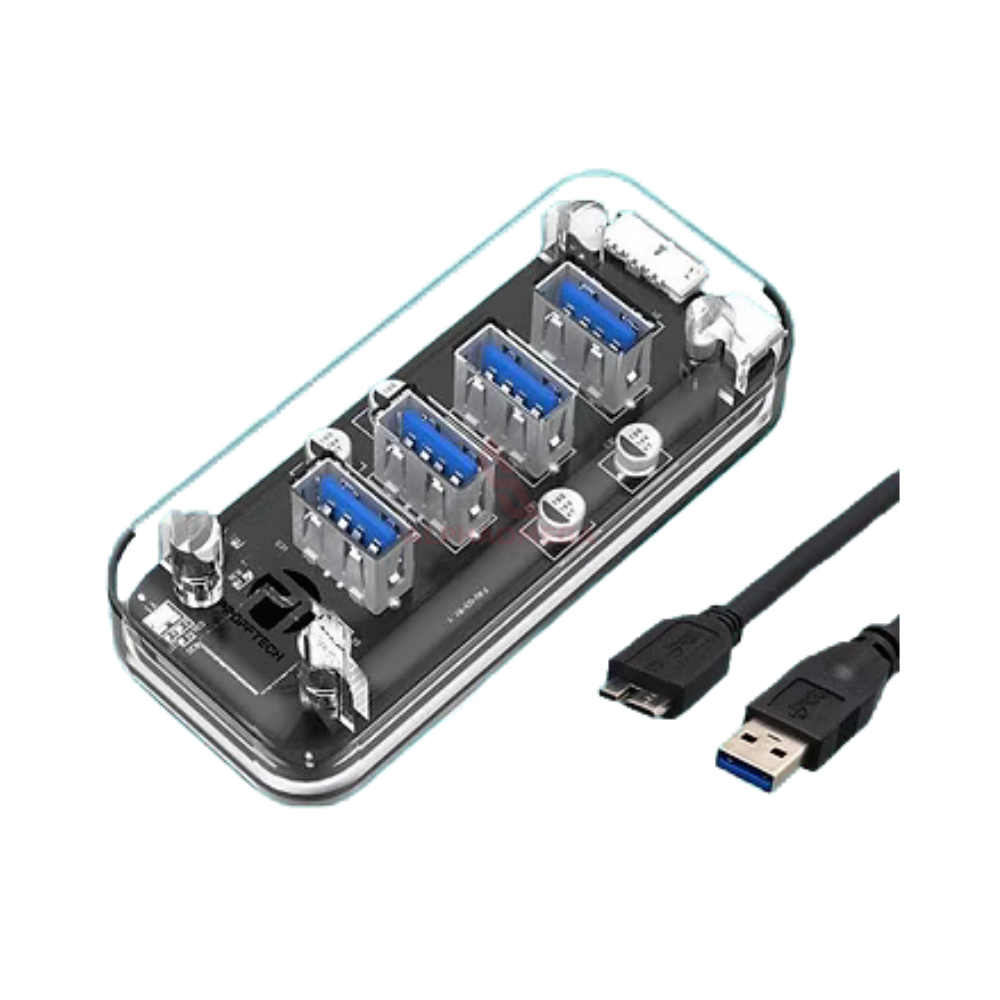 PROFFTECH USB HUB TRANSPARENT 4 PORT USB 3.0 PANJANG – Splitter USB High Speed Kabel Panjang, Ekstensi Port Laptop & PC Stabil