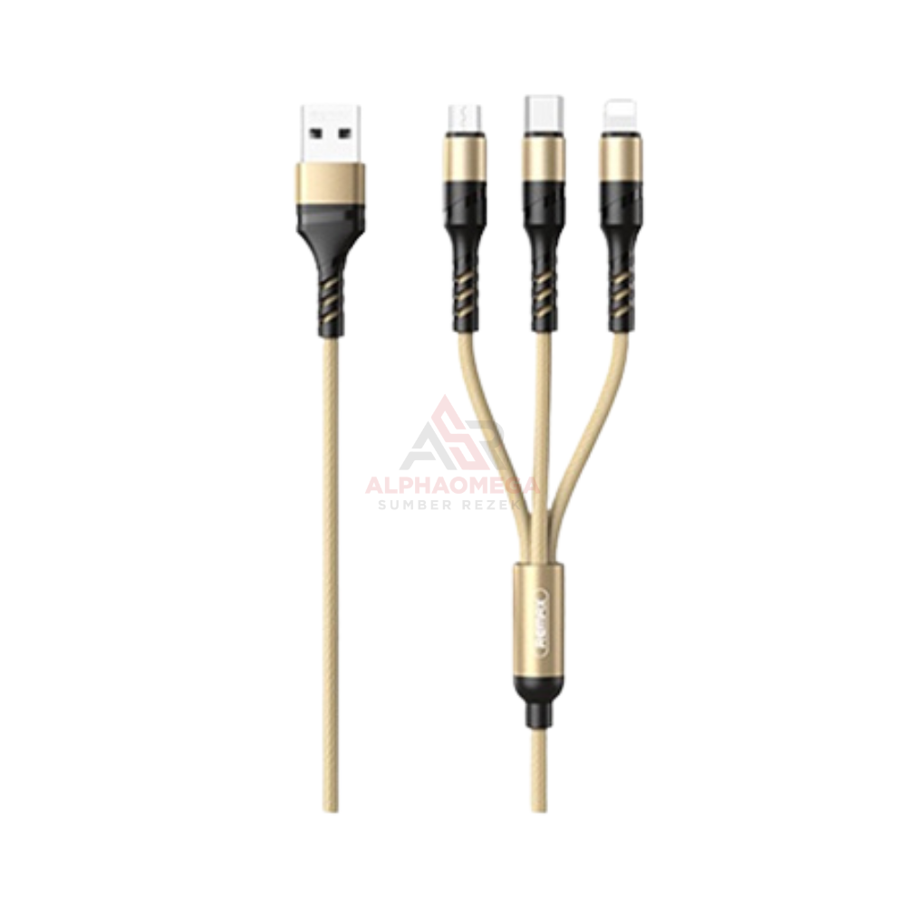 REMAX CABLE CHARGING 3IN1 SPEED RC-186TH GOLD – Kabel Charger Fast Charging 3.1A Type-C Lightning Micro USB Braided 1.2M Tahan Lama
