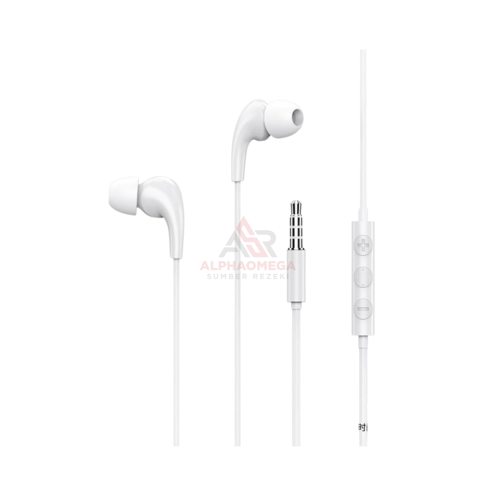 REMAX EARPHONE RW-108 WHITE – Earphone Kabel 3.5mm In-Ear Stereo HD Microphone, Headset Musik Bass dengan Kontrol Tombol