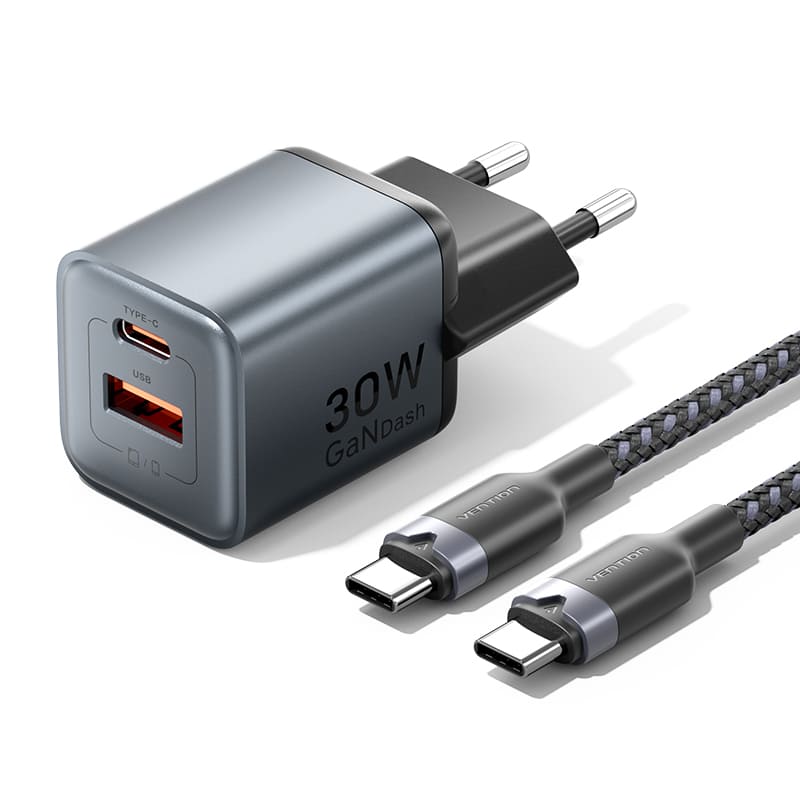 Vention Adaptor Kepala Charger 2 In 1 30W Type C + USB A Gray VT-FEWH0